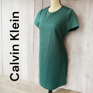Calvin Klein-Size 8 scuba sheath dress/gold zipper, stunning dark green! EUC!